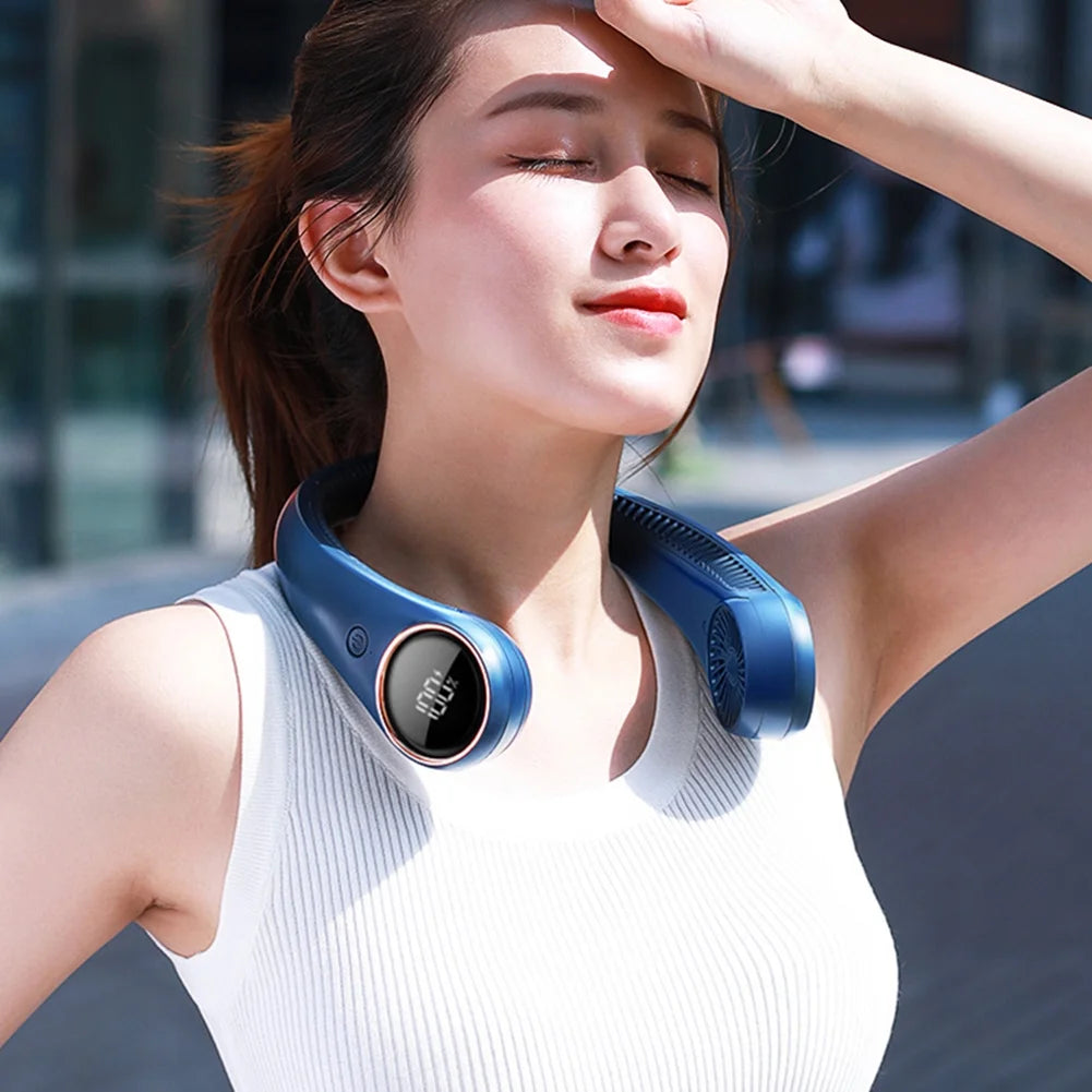 Bladeless Neck Fan Digital Display 4000mAh USB Rechargeable Blue G621595