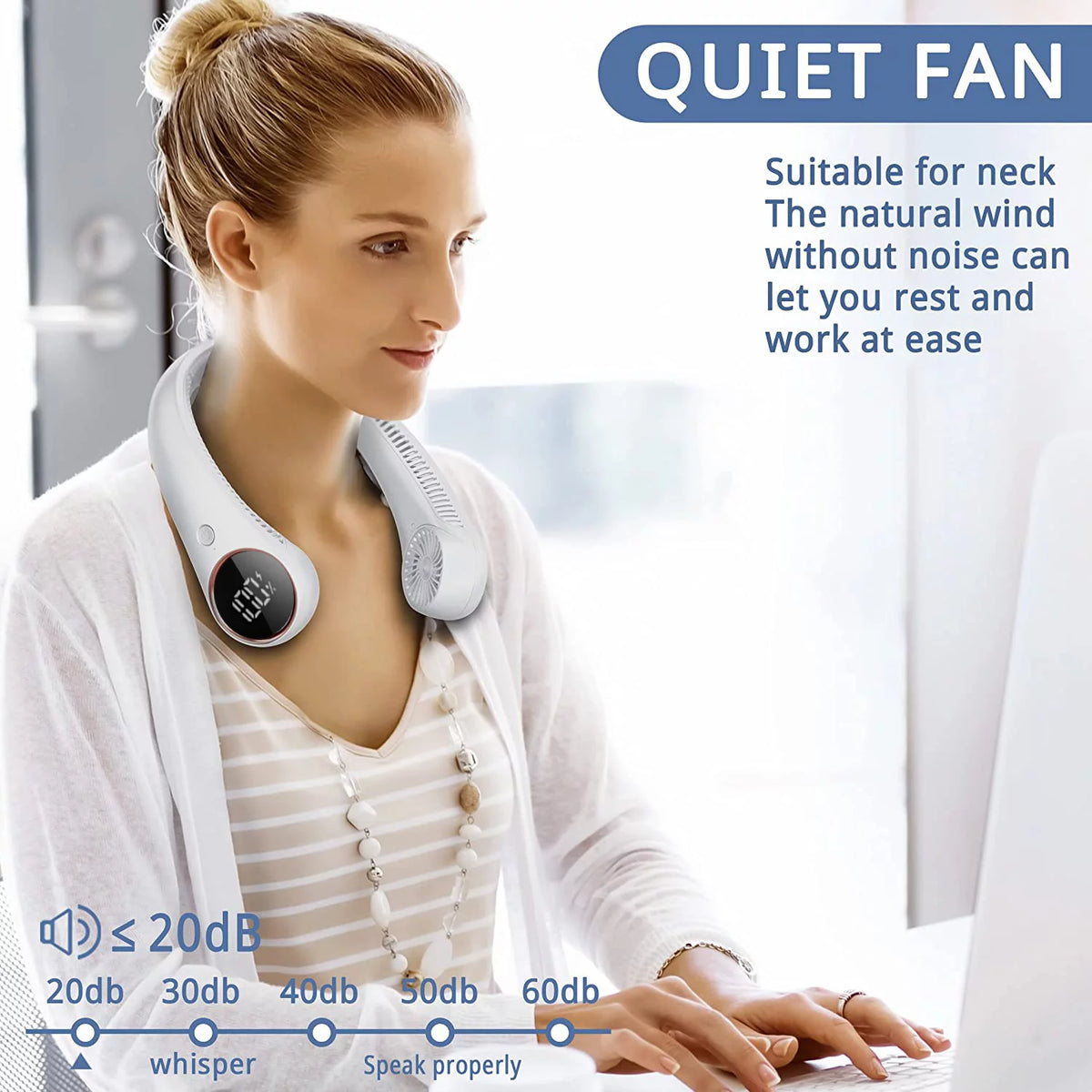 Bladeless Neck Fan Digital Display 4000mAh USB Rechargeable Blue G621595