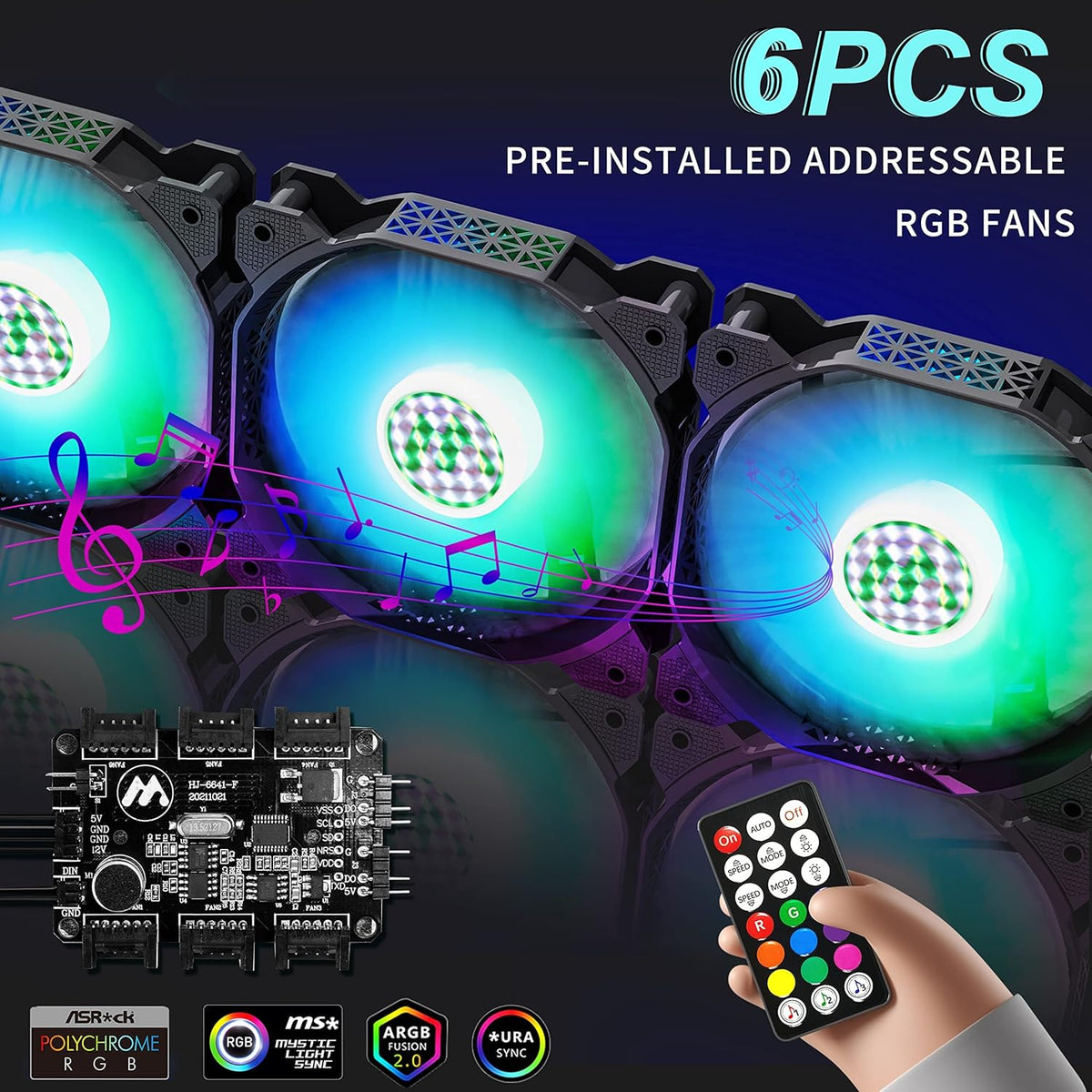 Black ATX Mid-Tower Computer Case with 2 Tempered Glass Panels and 6pcs 120mm ARGB Fans U7081
