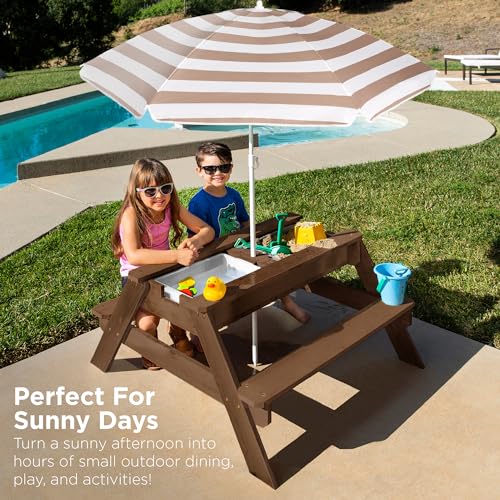 Kids 3-in-1 Sand & Water Table Wood Picnic Table with Umbrella H4615