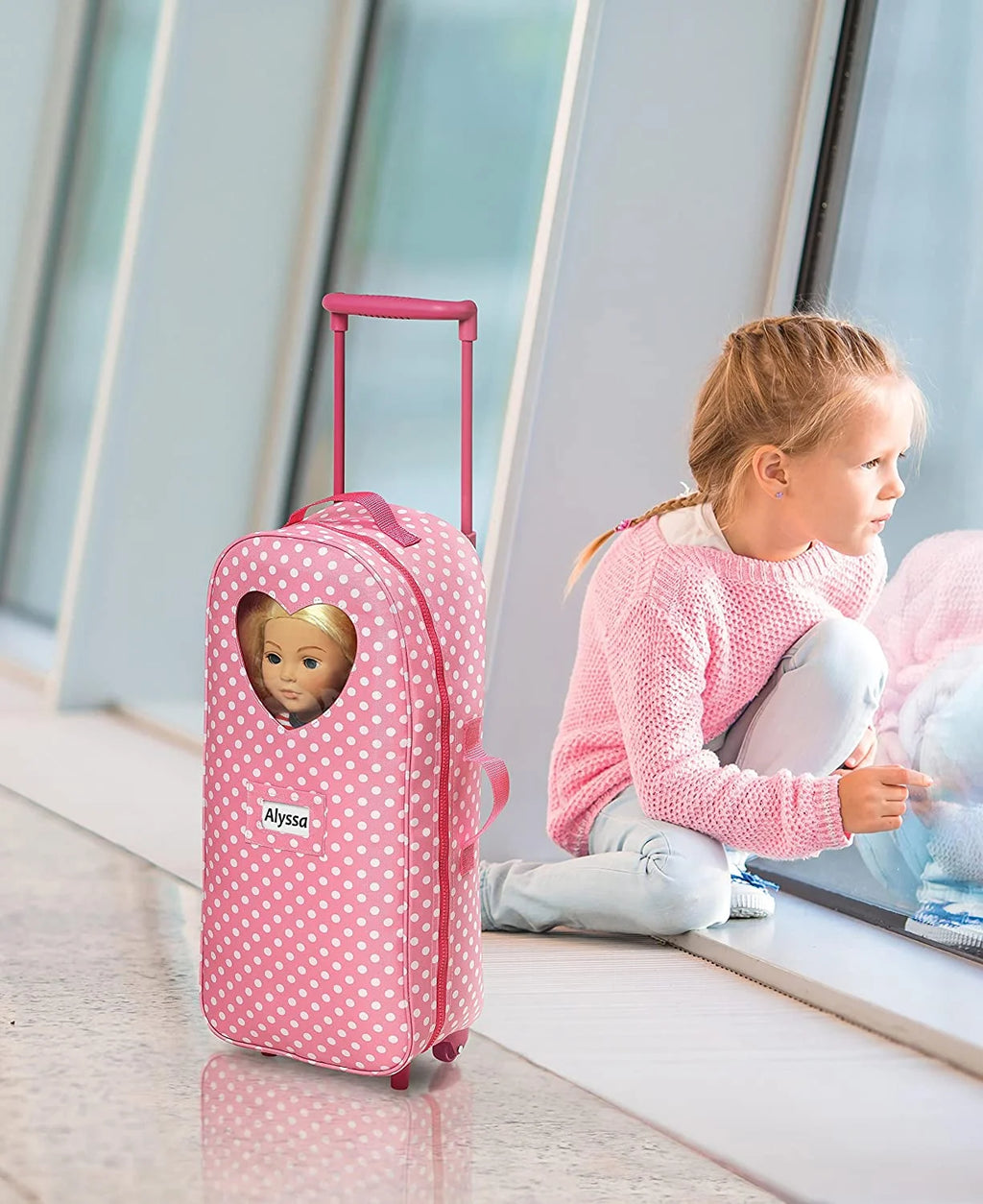 Pink Polka Dot 3-in-1 Trolley Doll Carrier with Rocking Bed and Bedding N46434