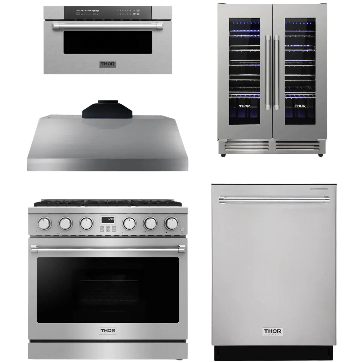 36 Gas Range, Range Hood, Dishwasher, Microwave and Wine Cooler S55575