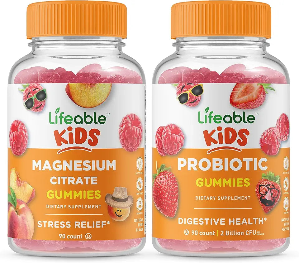 Magnesium Citrate Kids Probiotic 2 Billion CFU Gummies Bundle Gluten Free GMO Free Chewable Gummy K3602