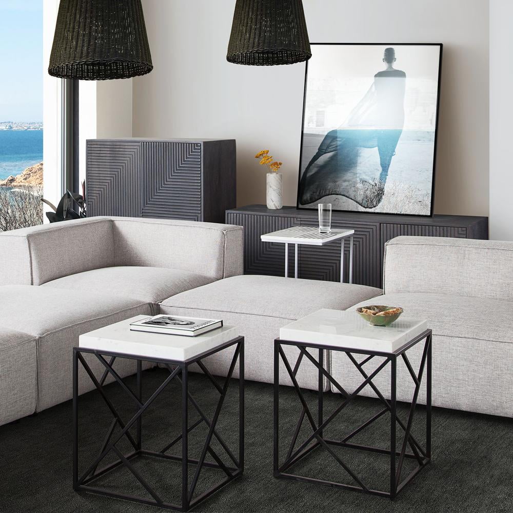 Square Accent Table with Grey Marble Top & Black Metal Base L114387