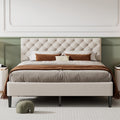 Beige Upholstered Fabric Queen Size Platform Bed Frame with Headboard R4287