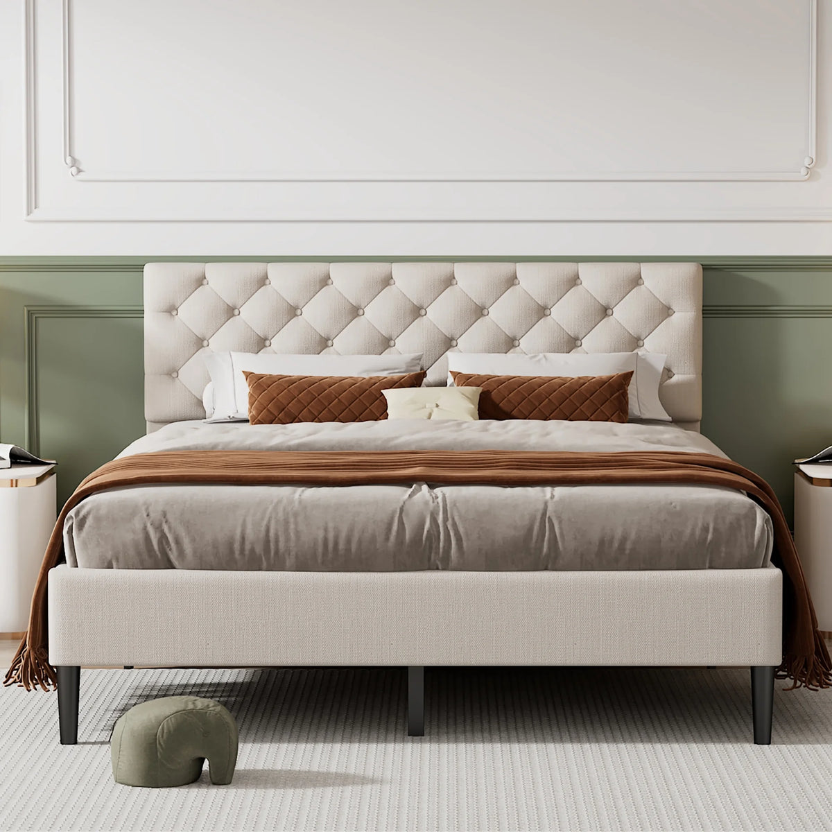 Beige Upholstered Fabric Queen Size Platform Bed Frame with Headboard R4287