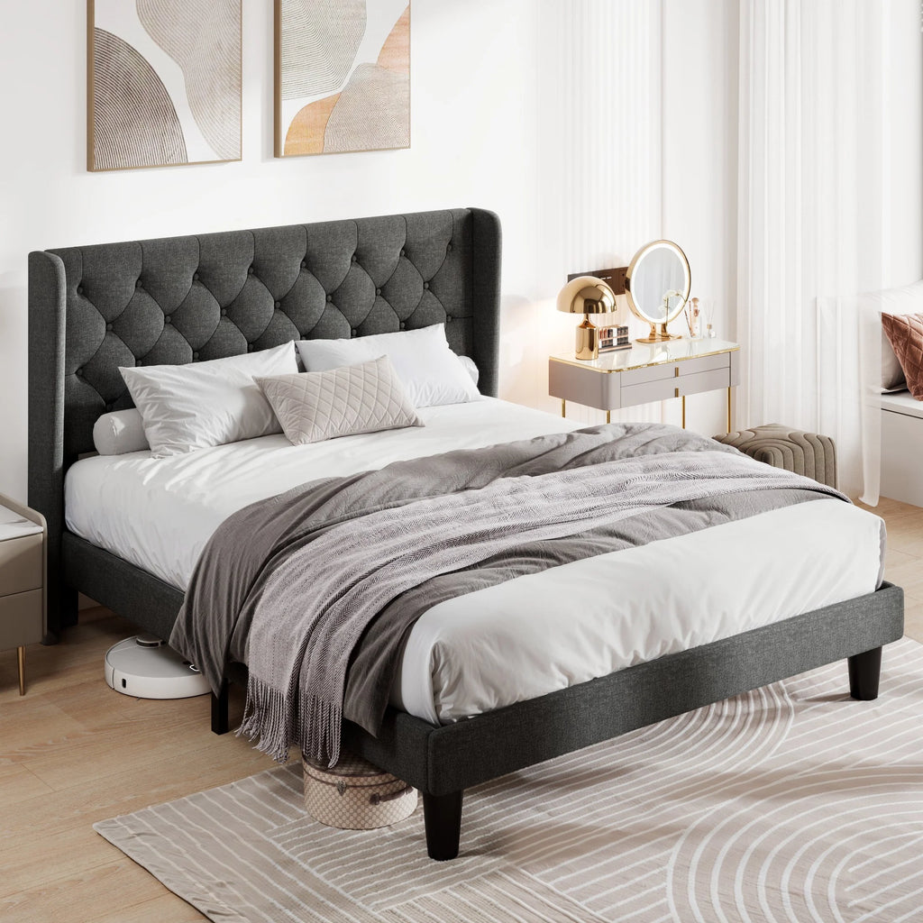 Queen Size Upholstered Platform Bed Frame with Wingback and Button Tufted Headboard, Dark Grey P955