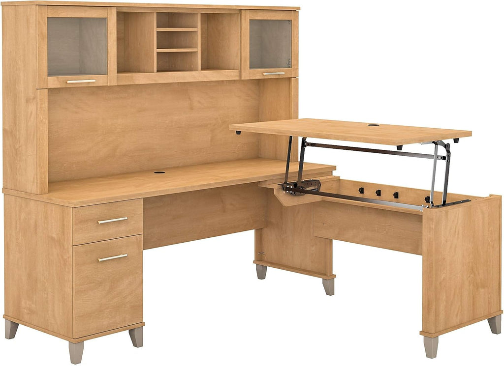 Sit to Stand L Shaped Desk with Hutch in Sand Oak Z282090