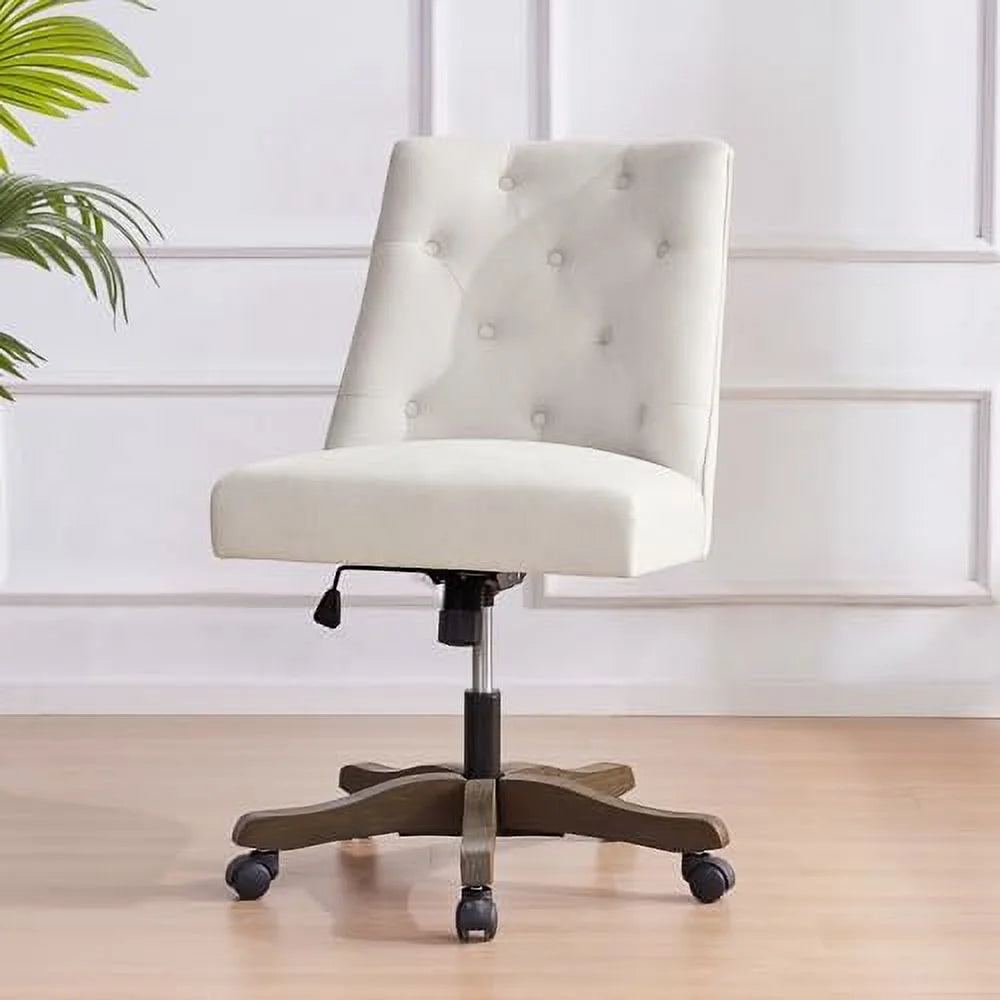Beige Chenille Fabric Upholstered Swivel Office Chair with Wheels A98576