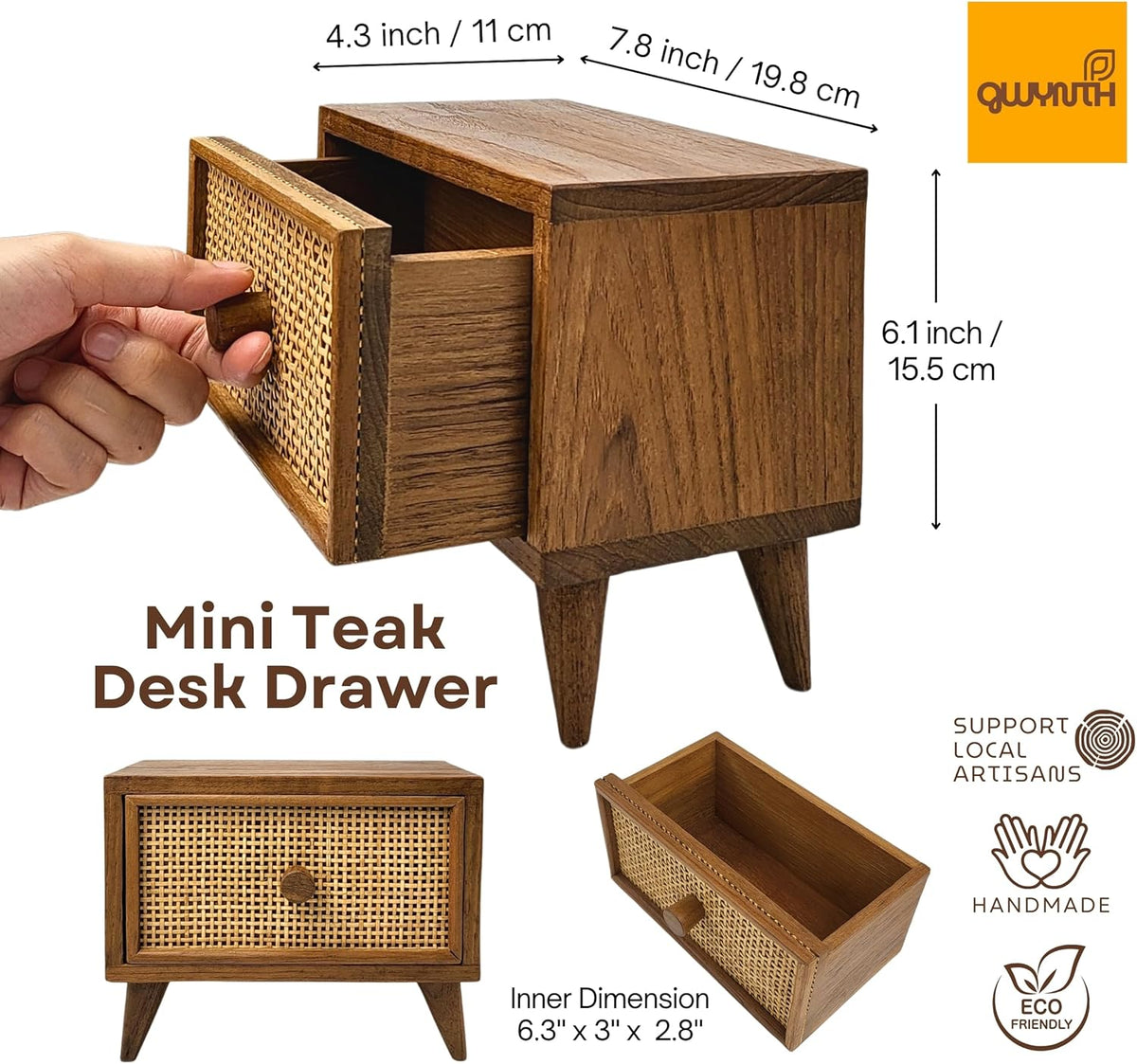 Teak Rattan Wood Desk Drawer D7561