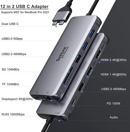 12 in 1 USB C Docking Station Dual Monitor HDMI Adapter O37694