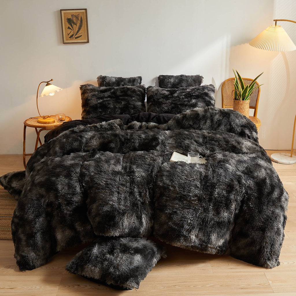 Tie Dye Plush Shaggy Duvet Cover Set, 3 Pieces Velvet Fluffy Furry Bedding Set, Queen T514856