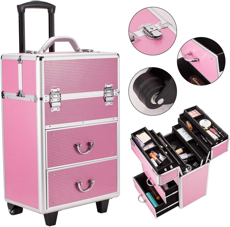 Rolling 4 Tiers Lockable Aluminum Makeup Travel Organizer Cosmetic Case Rose Pink Q185163