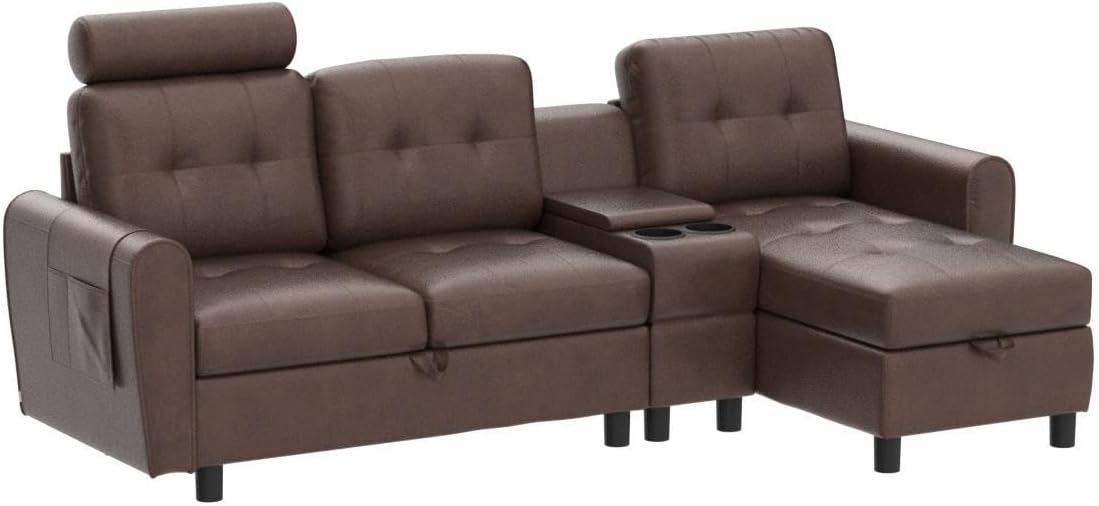 89" Sectional Storage Sofa L Shaped Couch with Cup Holders & Adjustable Headrest Brown PU Leather M49876