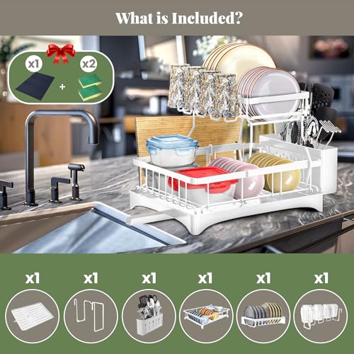 White 2-Tier Metal Dish Drying Rack with Drainboard V3057