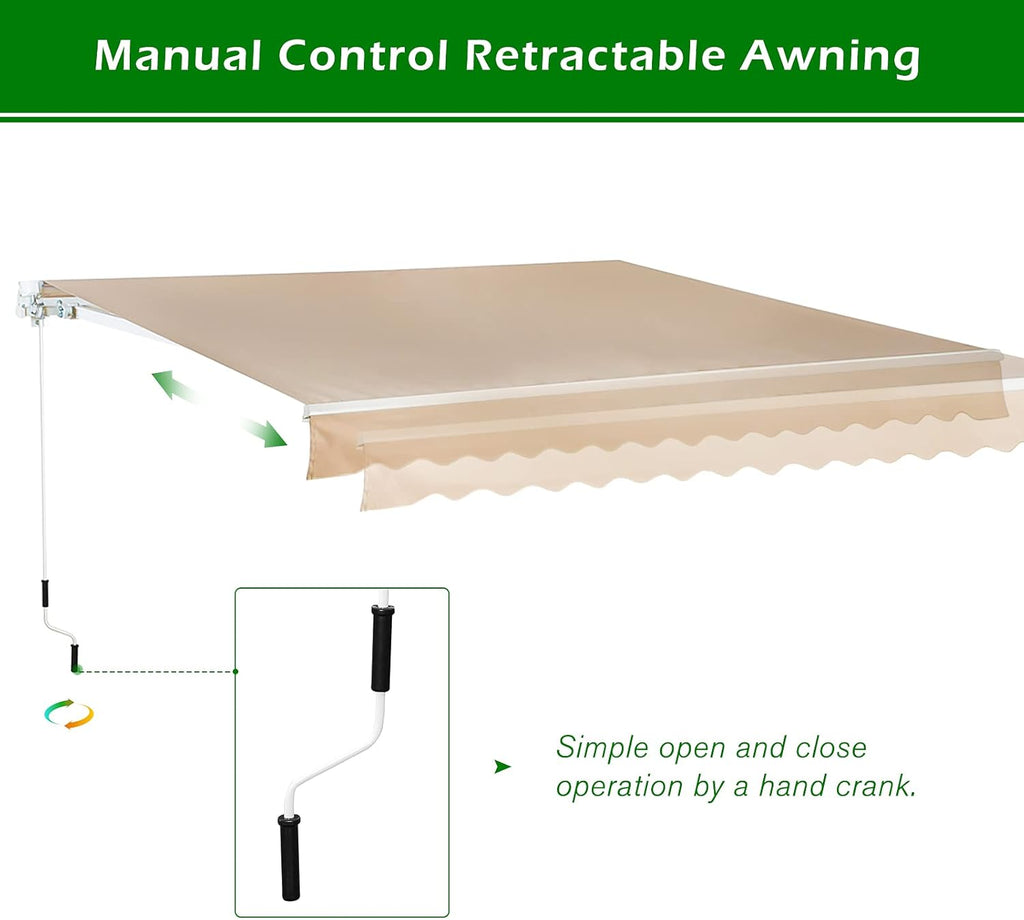 13'×8' Retractable Patio Awning with Manual Crank Handle, Beige B5920