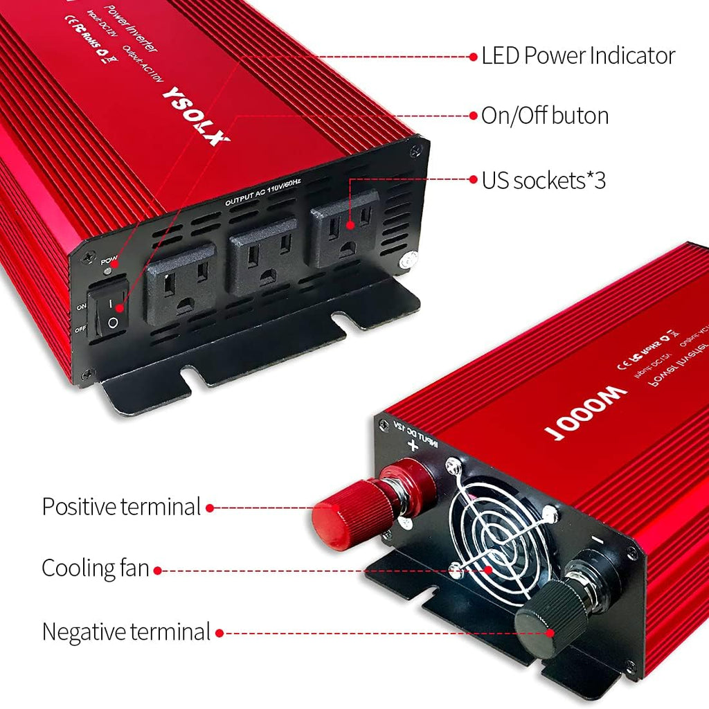 1000 Watt 12V to 110V Power Inverter with 3 AC Outlets Z722