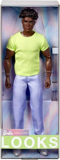 Ken Doll with Curly Black Hair, Chartreuse Tee, Pastel Trousers, Silver Boots K3849