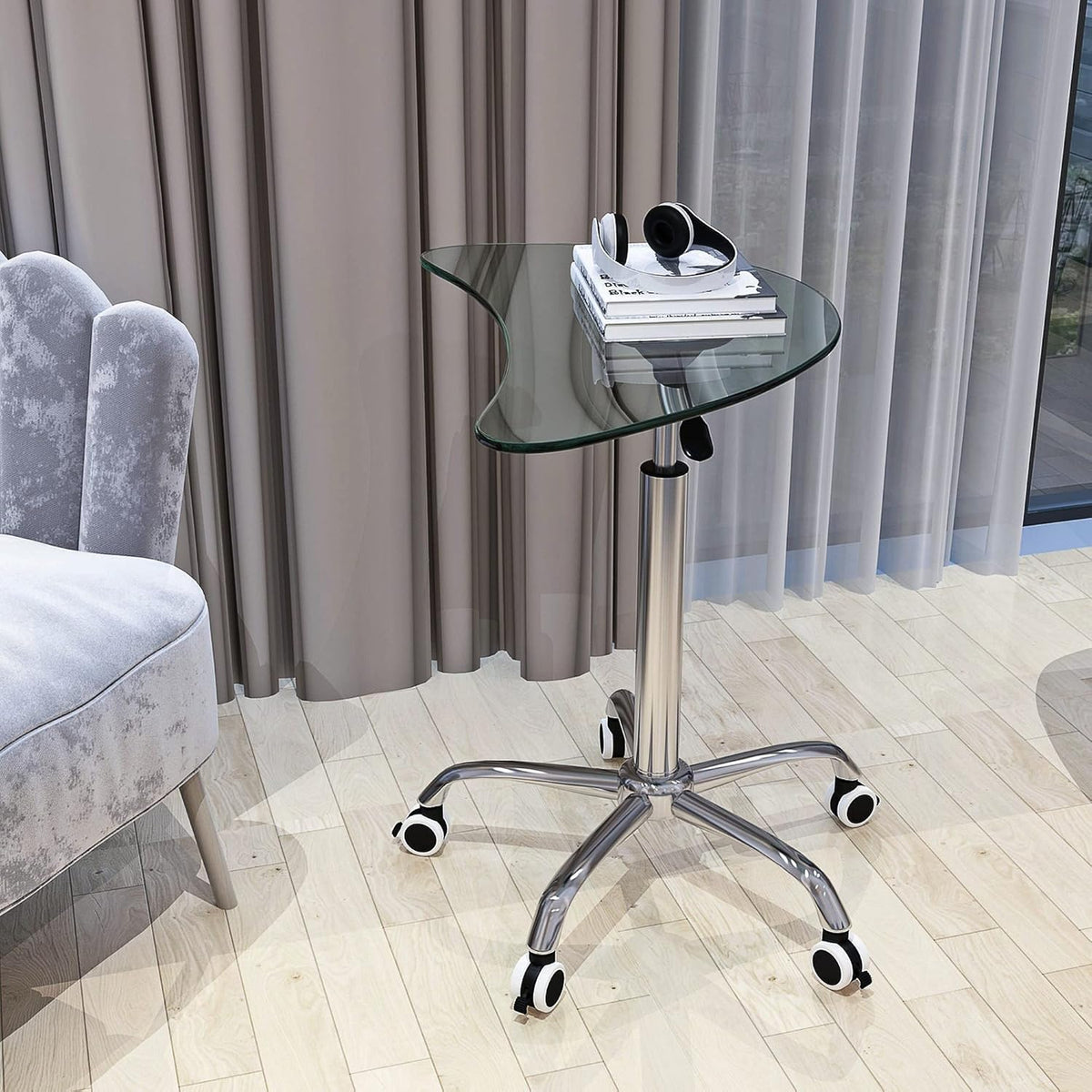 Adjustable Height Transparent Tempered Glass Table Desk with Lockable Wheels L8471