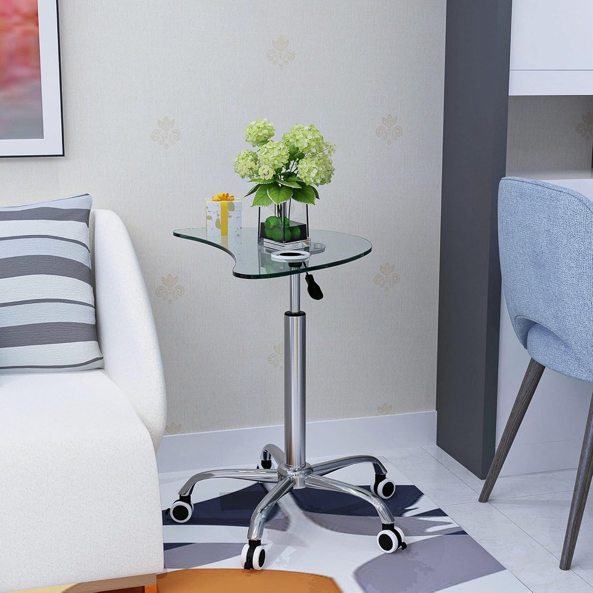 Adjustable Height Transparent Tempered Glass Table Desk with Lockable Wheels L8471