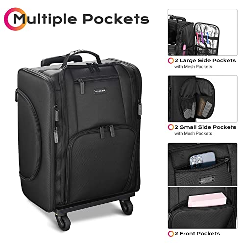 Black Rolling Makeup Train Case Soft Sided Cosmetic Storage Organizer Carry on Travel with Removable Side Pocket Bag E26560