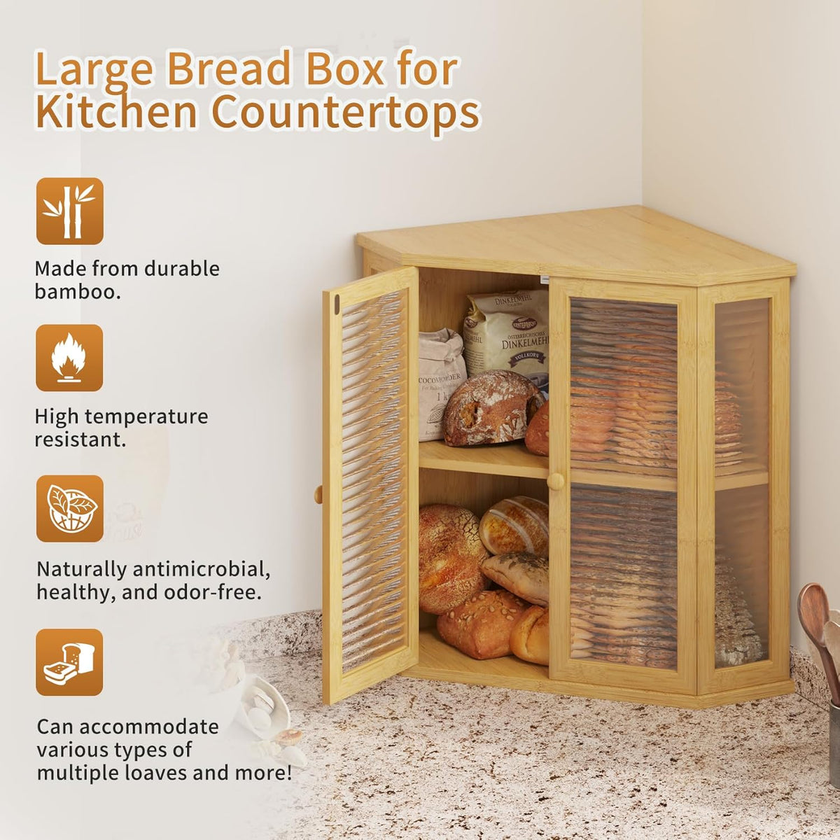 16.5 inch Bamboo Double Layer Bread Box with Glass Door H4501