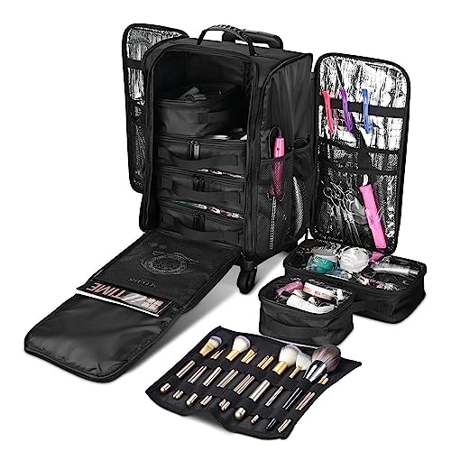 Black Rolling Makeup Train Case Soft Sided Cosmetic Storage Organizer Carry on Travel with Removable Side Pocket Bag E26560