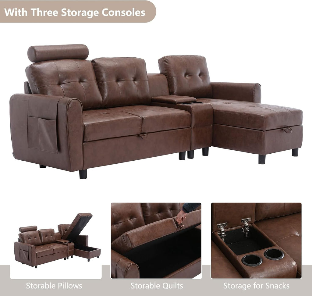 89" Sectional Storage Sofa L Shaped Couch with Cup Holders & Adjustable Headrest Brown PU Leather M49876