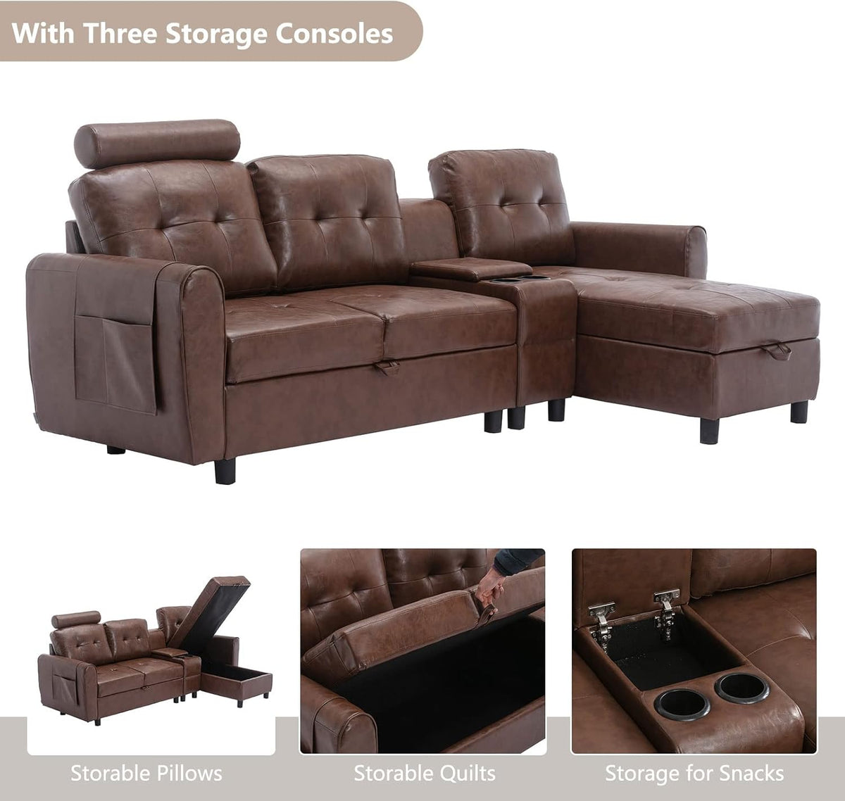 89" Sectional Storage Sofa L Shaped Couch with Cup Holders & Adjustable Headrest Brown PU Leather M49876