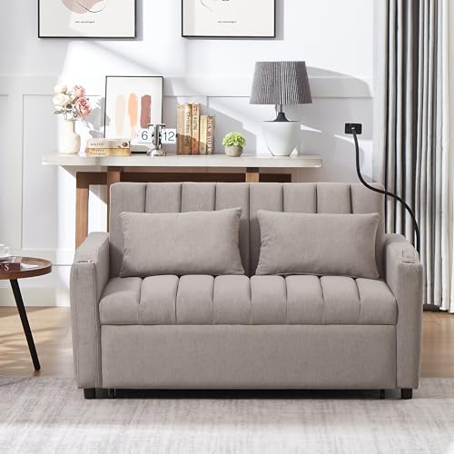 Beige 3 in 1 Convertible Single Sofa Bed Lounger Chair with Pillow and Adjustable Backrest V26782