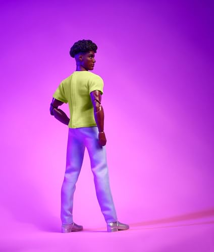 Ken Doll with Curly Black Hair, Chartreuse Tee, Pastel Trousers, Silver Boots K3849