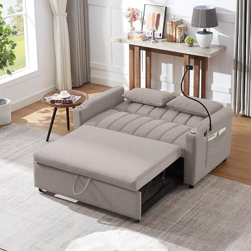 Beige 3 in 1 Convertible Single Sofa Bed Lounger Chair with Pillow and Adjustable Backrest V26782