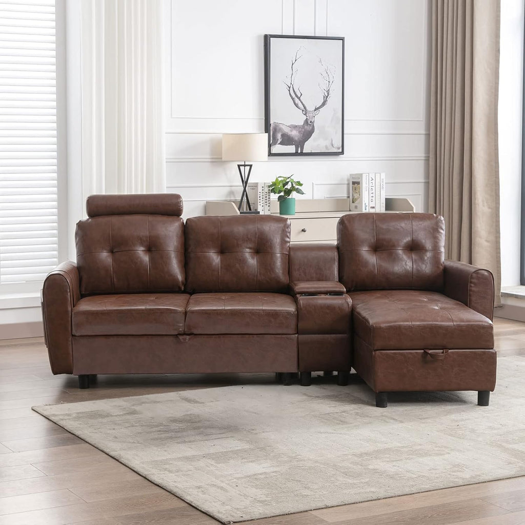 89" Sectional Storage Sofa L Shaped Couch with Cup Holders & Adjustable Headrest Brown PU Leather M49876