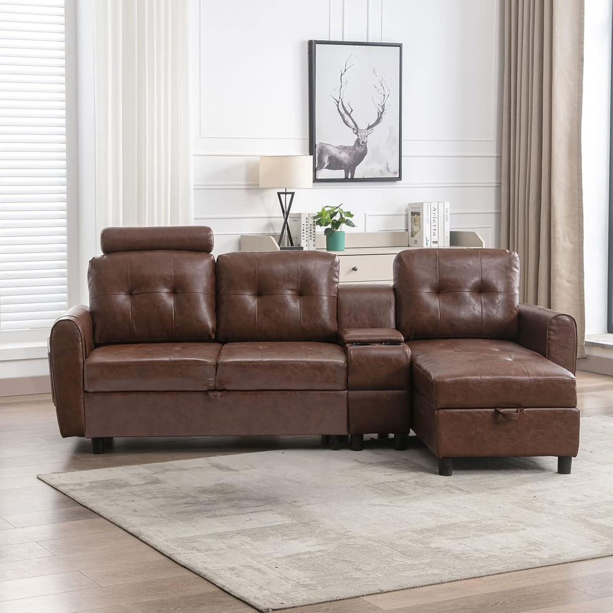 89" Sectional Storage Sofa L Shaped Couch with Cup Holders & Adjustable Headrest Brown PU Leather M49876