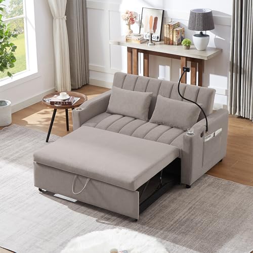 Beige 3 in 1 Convertible Single Sofa Bed Lounger Chair with Pillow and Adjustable Backrest V26782
