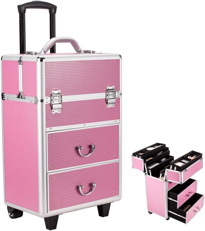 Rolling 4 Tiers Lockable Aluminum Makeup Travel Organizer Cosmetic Case Rose Pink Q185163