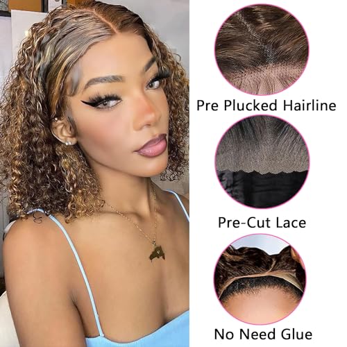 Deep Wave Curly Bob Lace Front Wig Human Hair 4x4 Lace Closure 180% Density 12in W3825