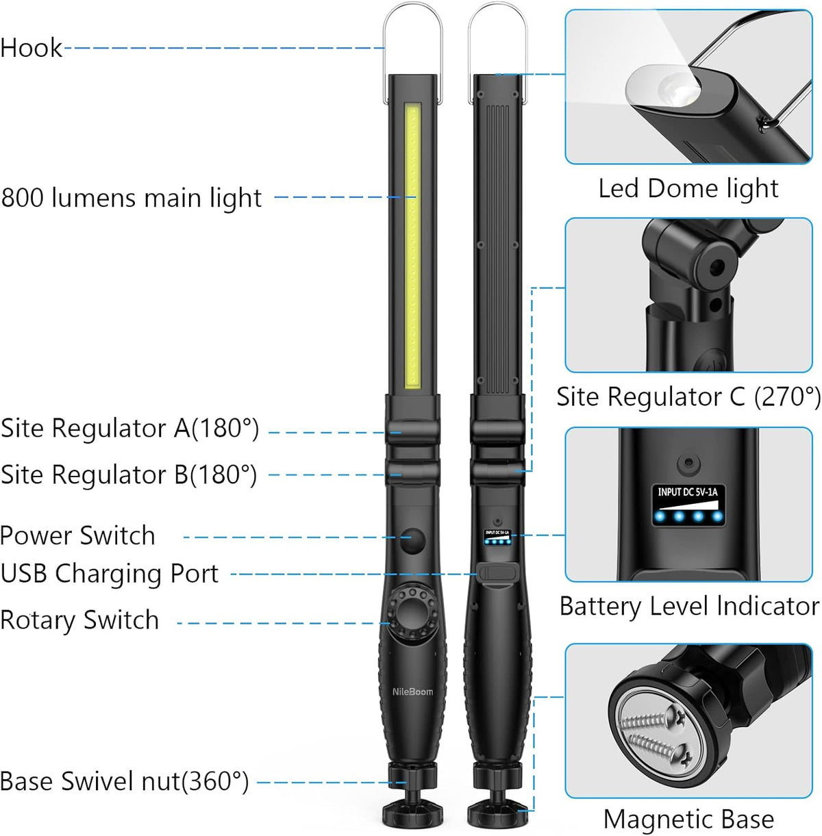 800 Lumens Foldable Rechargeable LED Work Light with Magnetic Base 4 Pack T762