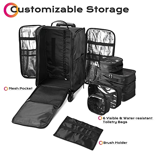 Black Rolling Makeup Train Case Soft Sided Cosmetic Storage Organizer Carry on Travel with Removable Side Pocket Bag E26560