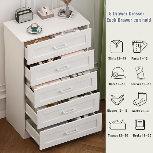 White 5 Drawer Wood Dresser Y48036