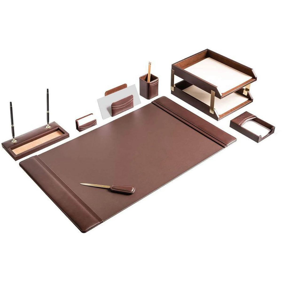 Chocolate Brown Leather 10-Piece Desk Set H500