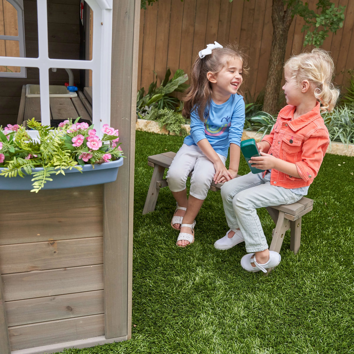 Wooden Outdoor Playhouse with Bench and Kitchen F963236