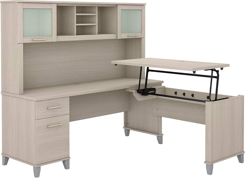 Sit to Stand L Shaped Desk with Hutch in Sand Oak Z282090