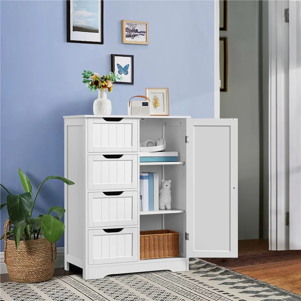White Wooden Bathroom Floor Cabinet with Drawers and Cupboard E210424