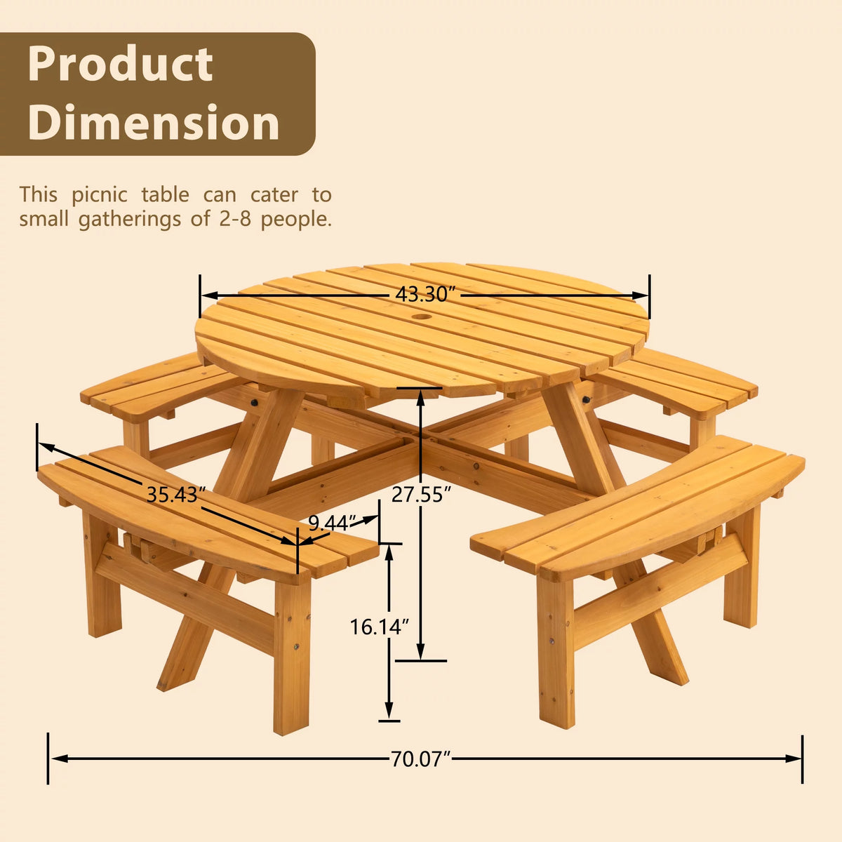 8-Person Wooden Picnic Table with 4 Built-In Benches N706