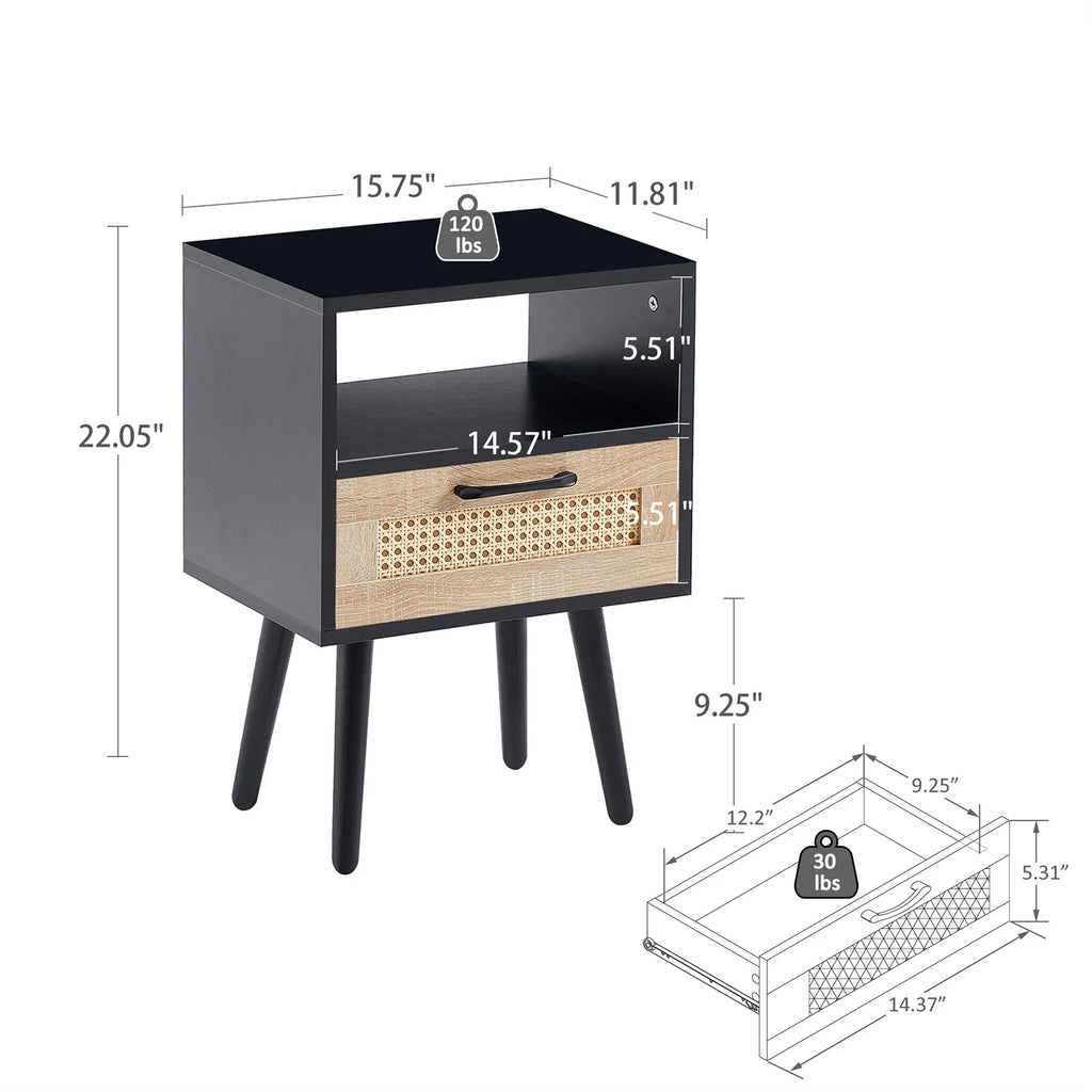 Black Rattan End Table with Drawer and Open Shelf V89170