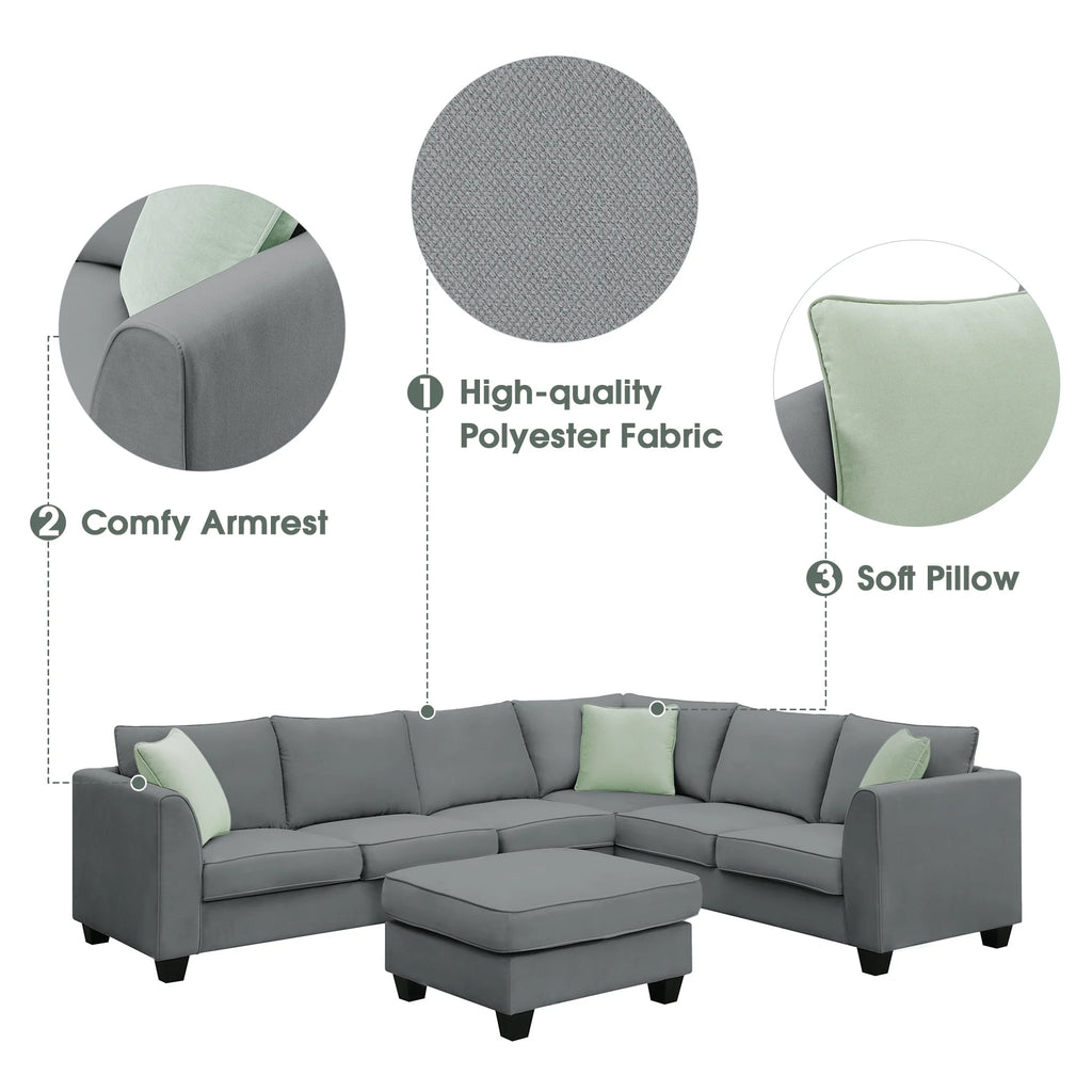 7 Seats L Shape Fabric Sectional Sofa with Ottoman Q726752