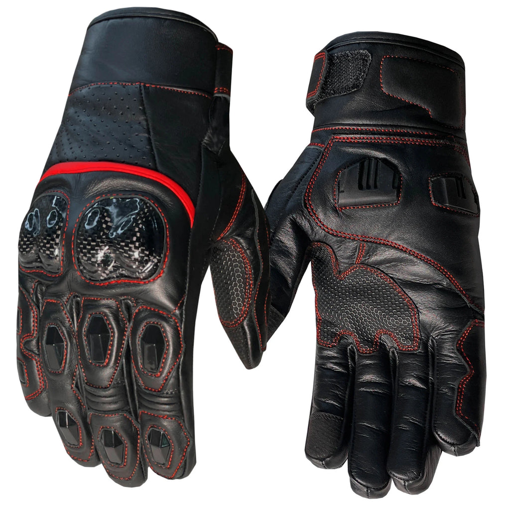 Black Red Leather Motorcycle Biker Gloves T684