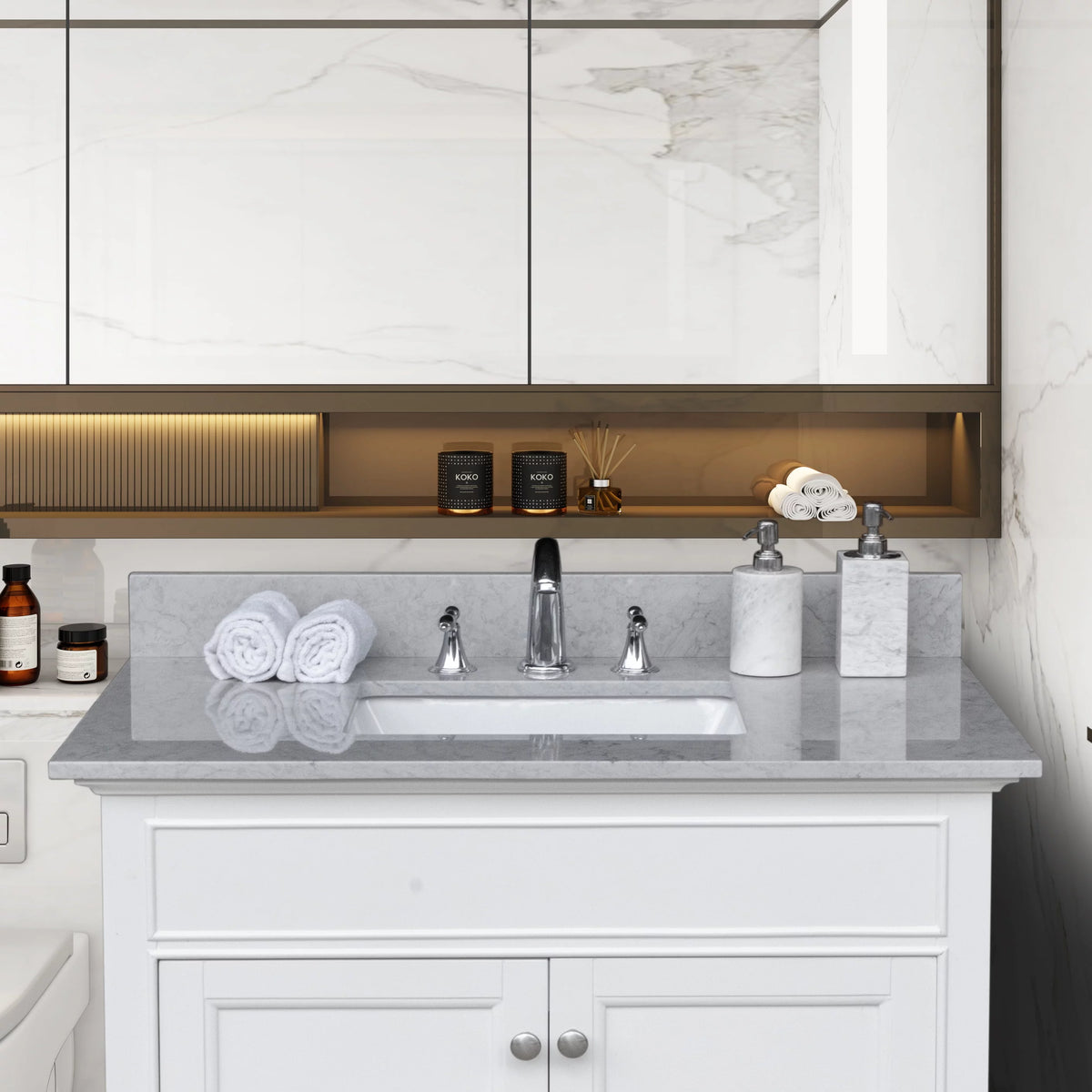 37in Grey Engineered Stone Vanity Top with Ceramic Sink B8201
