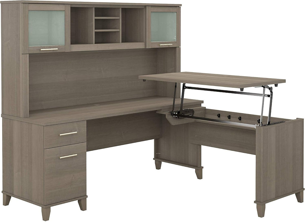 Sit to Stand L Shaped Desk with Hutch in Sand Oak Z282090